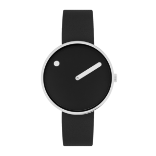 PICTO Armbanduhr mit drehbarem Zifferblatt und schwarzem TPU-Armband auf Biobasis mit polierter Stahlschließe. Das Zifferblatt dieser Uhr ist 34 mm groß.
