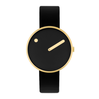 PICTO Armbanduhr mit drehbarem Zifferblatt und schwarzem Lederarmband mit polierter Goldschließe. Das Zifferblatt dieser Uhr ist 34 mm groß.