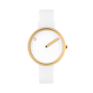 PICTO-Armbanduhr mit drehbarem Zifferblatt und weißem Silikonarmband. Das Zifferblatt dieser Uhr ist 30 mm groß.