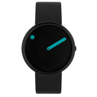 PICTO-Armbanduhr mit einem rotierenden Zifferblatt und einem schwarzen Lederarmband. Der Durchmesser des Zifferblatts dieser Uhr beträgt 40 mm.