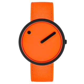 PICTO Ocean Ghost Net 40 mm Armbanduhr mit orangefarbenem, drehbarem Zifferblatt und Signal Orange recyceltem Armband
