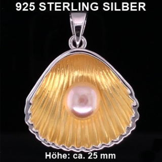 Anhänger Muschel silber mit Perle - innen vergoldet - 925 Silber