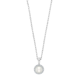 Rhod. Silber Halskette m/Perle + cz