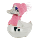Versilberte Spardose Ente mit pinker Kleidung
