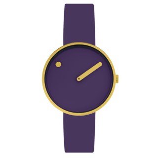 PICTO Armbanduhr mit rotierender Uhrscheibe und Nocturne Purple Lederarmband. Der Durchmesser des Zifferblatts beträgt 34 mm.