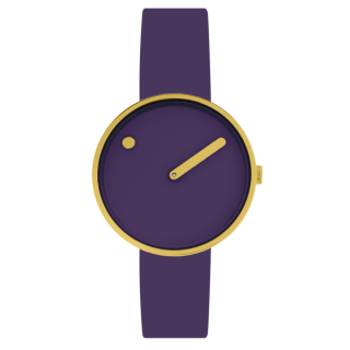 PICTO Armbanduhr mit rotierender Uhrscheibe und Nocturne Purple Lederarmband. Der Durchmesser des Zifferblatts beträgt 34 mm.