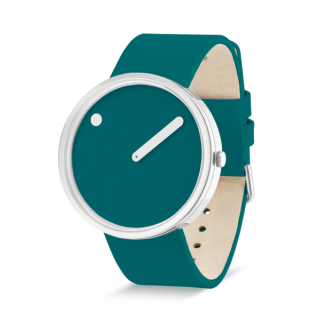 PICTO Armbanduhr mit rotierender Uhrscheibe und tief petrolfarbenem Lederarmband. Der Durchmesser des Zifferblatts beträgt 40 mm.