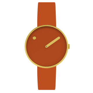 PICTO Armbanduhr mit rotierender Uhrscheibe und tangerinorangefarbener Lederarmband. Der Durchmesser des Zifferblatts beträgt 34 mm.