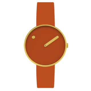 PICTO Armbanduhr mit rotierender Uhrscheibe und tangerinorangefarbener Lederarmband. Der Durchmesser des Zifferblatts beträgt 34 mm.