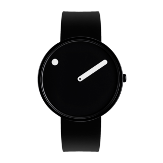 PICTO-Armbanduhr mit drehbarem Zifferblatt und schwarzem Silikonarmband mit polierter schwarzer Dornschließe. Das Zifferblatt dieser Uhr ist 40 mm groß.