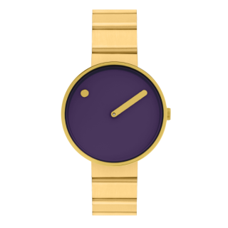 PICTO Armbanduhr mit rotierender Uhrscheibe und poliertem gebürsteten goldfarbenem Stahlarmband. Der Durchmesser des Zifferblatts beträgt 34 mm.