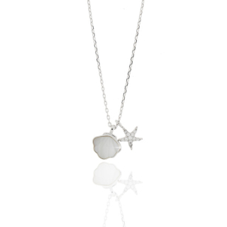 Collier 925/- Silber, rhodiniert, Zirkonia weiß, Muschel, Seestern, 40,5 + 2cm, inkl. Etui