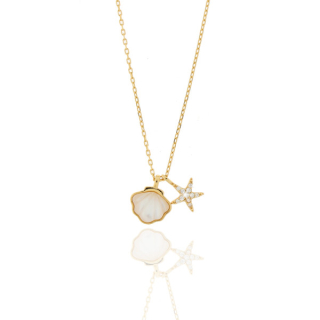 Collier 925/- Silber, 18k vergoldet, Zirkonia weiß, Muschel, Seestern, 40,5 + 2cm, inkl. Etui