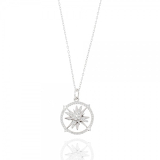 Collier 925/- Silber, rhodiniert, Zirkonia, Kompass, beweglich, 40+5cm, inkl. Etui