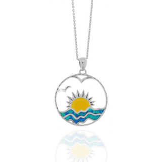 Collier 925/- Silber, rhodiniert, poliert, Welle/Sonne, gelb, rek. Opal blau, Ø 25mm, 45cm, inkl. Etui