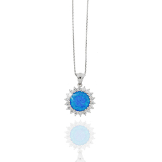 Collier 925/- Silber, rhodiniert, poliert, rek. Opal blau, Zirkonia, Ø 18mm, 45cm