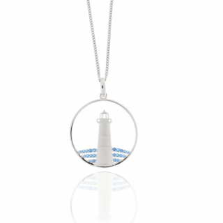 Collier, 925/- Silber, rhod., Zirkonia blau, Leuchtturm, Ø 28 mm, 45 cm, inkl. Etui