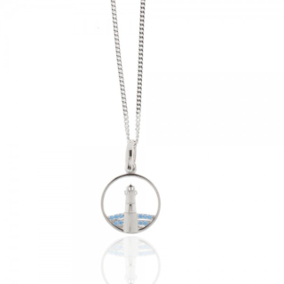 Collier, 925/- Silber, rhod., Zirkonia blau, Leuchtturm Ø 15 mm, 45 cm, inkl. Etui