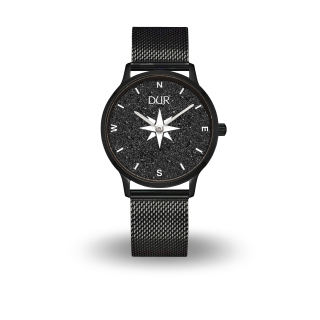DUR Uhr 40er "Kompass 2" Lavasand, PVD beschichtet, Mesh Band Edelstahl, schwarz