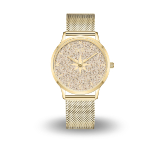 DUR Uhr 40er "Kompass 2" Strandsand,PVD beschichtet, Mesh Band Edelstahl, goldfarben