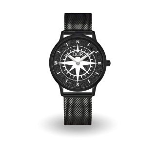 DUR Uhr 36er "Kompass 1" Lavasand, PVD beschichtet, Mesh Band Edelstahl, schwarz