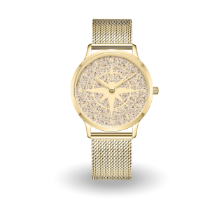 DUR Uhr 36er "Kompass 1" Strandsand,PVD beschichtet, Mesh Band Edelstahl, goldfarben
