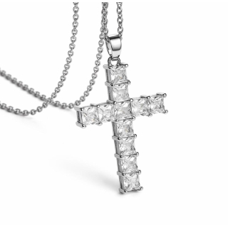 Kette mit Kreuz silber mit weißen Zirkonia - Edelstahl versilbert