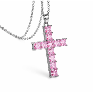 Kette mit Kreuz silber mit pinken Zirkonia - Edelstahl versilbert