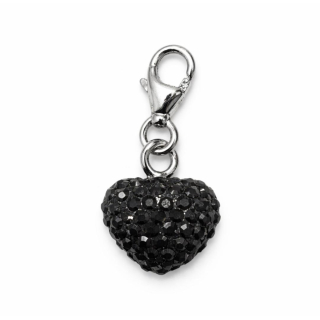 Charm / Anhänger Herz Kristall schwarz mit Karabiner - 925 Silber