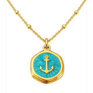 Anhänger Rund türkis mit Anker ohne Kette - Edelstahl vergoldet