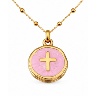 Anhänger Rund rosa mit Kreuz ohne Kette - Edelstahl vergoldet