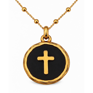 Anhänger Rund schwarz mit Kreuz ohne Kette - Edelstahl vergoldet