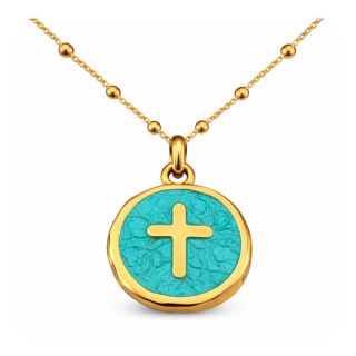 Anhänger Rund türkis mit Kreuz ohne Kette - Edelstahl vergoldet