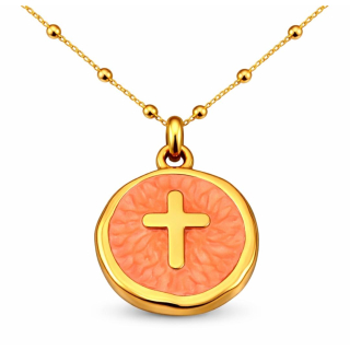 Anhänger Rund orange mit Kreuz ohne Kette - Edelstahl vergoldet