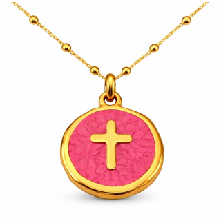 Anhänger Rund rot mit Kreuz ohne Kette - Edelstahl vergoldet