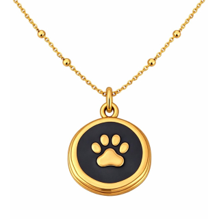 Anhänger Rund schwarz mit Pfote ohne Kette - Edelstahl vergoldet