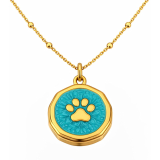 Anhänger Rund türkis mit Pfote ohne Kette - Edelstahl vergoldet