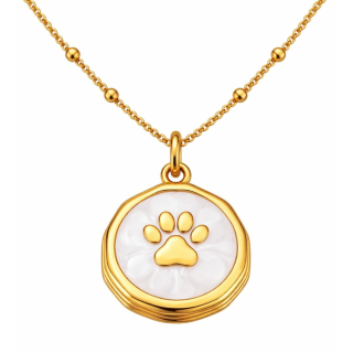 Anhänger Rund weiß mit Pfote ohne Kette - Edelstahl vergoldet
