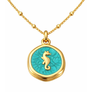 Anhänger Rund türkis mit Seepferdchen ohne Kette - Edelstahl vergoldet