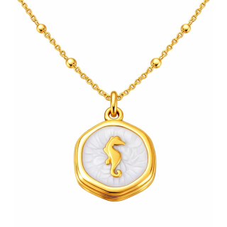 Anhänger Rund weiß mit Seepferdchen ohne Kette - Edelstahl vergoldet