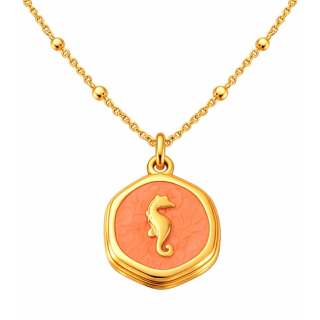 Anhänger Rund orange mit Seepferdchen ohne Kette - Edelstahl vergoldet