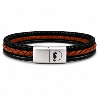 Harbor Spirit – Herren Armband 19 cm  aus Segeltau & Leder mit Edelstahl Magnetverschluss mit TDS Seepferdchen- Gravur - excklusive Timmendorfer Strand Kollektion