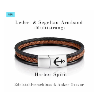 Harbor Spirit – Herren Armband 19 cm  aus Segeltau & Leder mit Edelstahl Magnetverschluss mit Anker- Gravur