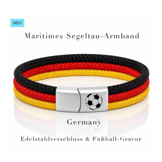 Germany WM 2026 Fanarmband 19 cm Schwarz-Rot-Gold – Segeltau Armband mit Fußball- Gravur & Magnetverschluss
