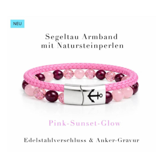 Pink Sunset Glow – Damen Segeltau Armband 19 cm mit Natursteinperlen & Anker- Gravur im maritimen Boho Look