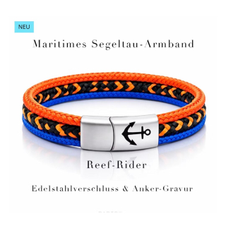 Reef-Rider – Unisex Multistrang 19 cm Armband aus Segeltau mit Edelstahlverschluss & Anker- Gravur