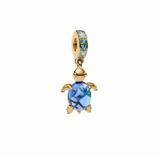 Charm Schildkröte vergoldet mit blauen Zirkonia und Ring mit Zirkonia für Schlangenarmband  - 925 Silber vergoldet