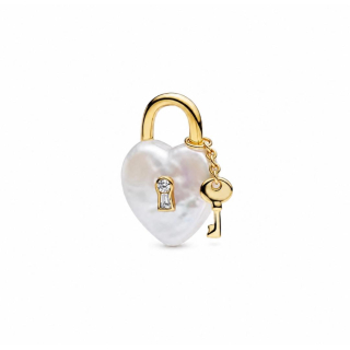 Charm weißes Herz mit Schloss und Schlüssel vergoldet für Schlangenarmband  - 925 Silber vergoldet