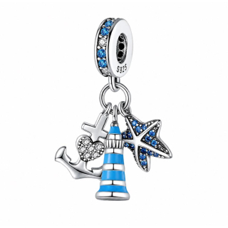 Charm Leuchturm, Anker, Seestern blau und silber mit blauen und weißen Zirkonia mit Ring für Schlangenarmband  - 925 Silber